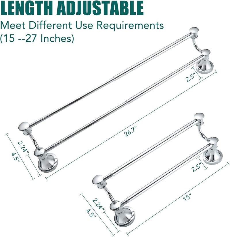 Hoimpro Adjustable Retractable 15-27 Inches Stainless Steel Bathroom Towel Bar, Bathroom Accessories Bath Hotel Double Towel Bar Rod Hanger Wall Mounted Towel Holder Towel Rack, Polished Chrome - Image 4